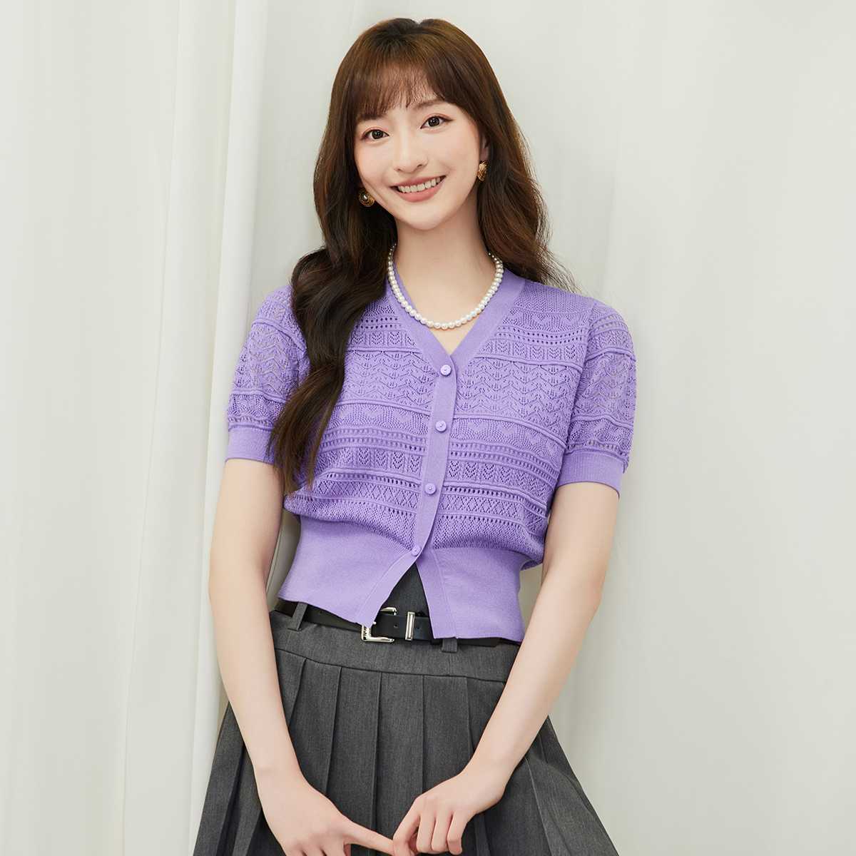 カットソー 透かし編み短丈Vネックカーディガン