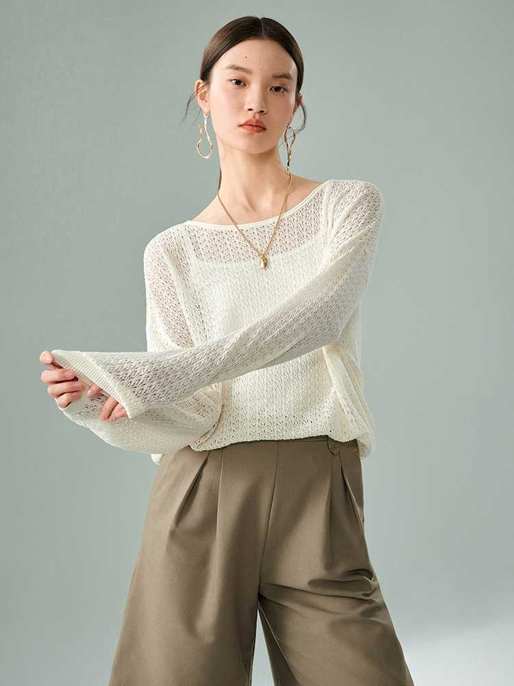 カットソー 透かし編みボートネックカットソー