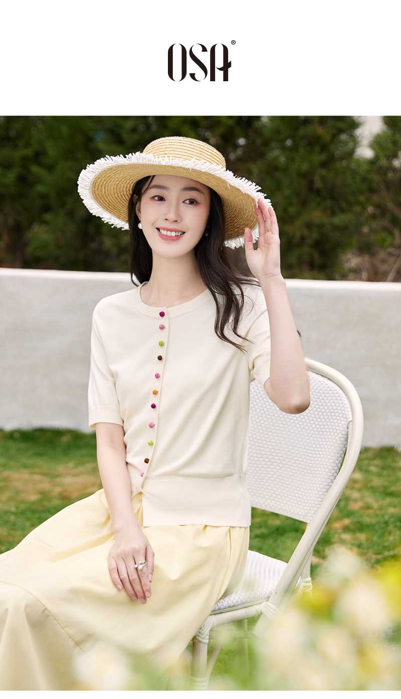 カットソー 彩りボタン 上品リブカットソー