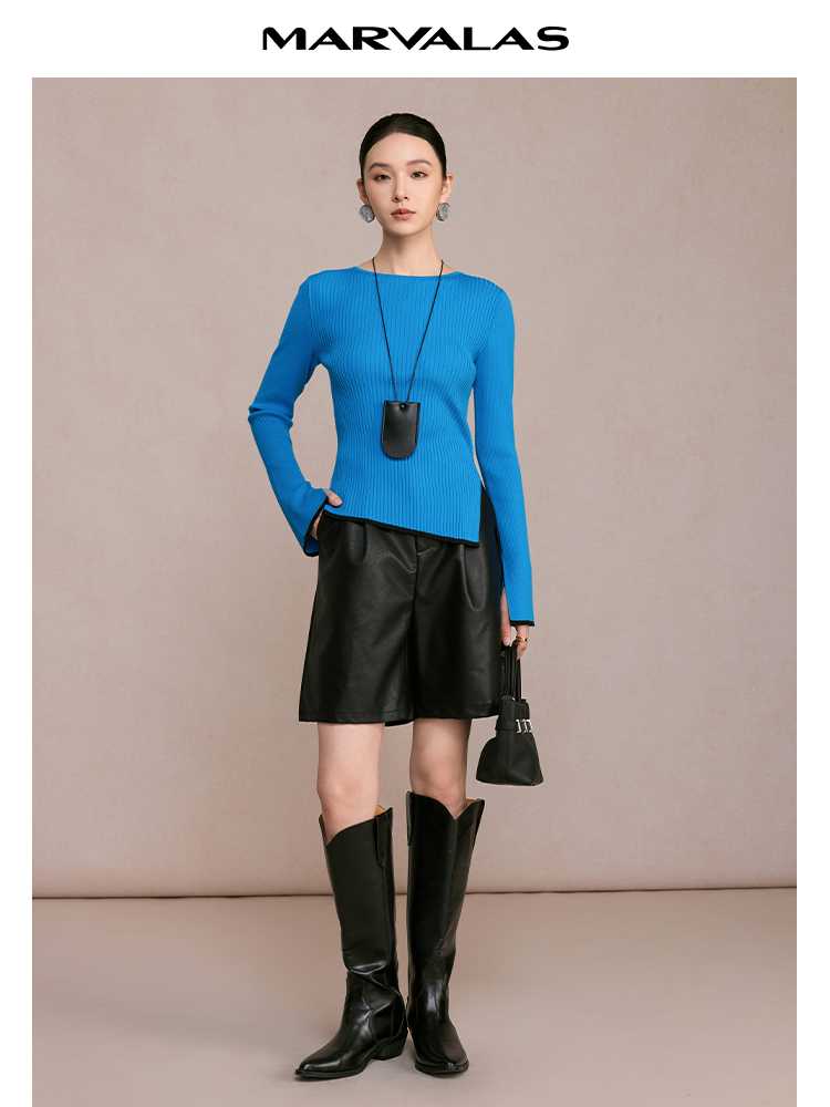 カットソー リブ編み 洗練スリムフィット長袖