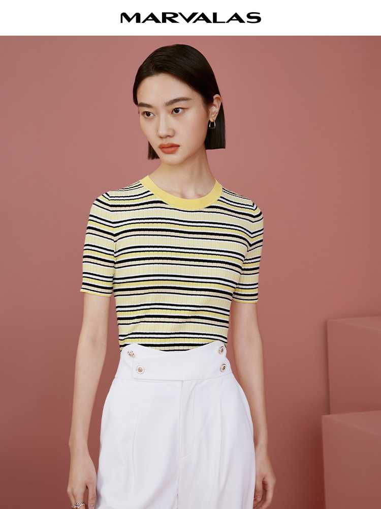 カットソー リブ編み横縞クルーネックトップス