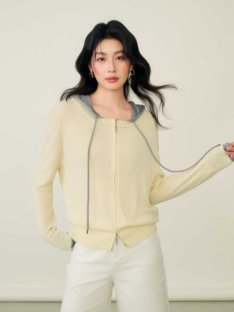 カットソー 二色切替フード付きジップアップ