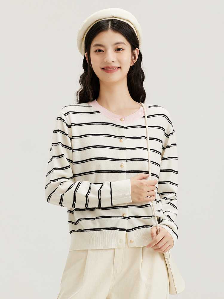カットソー ボーダー柄前開きニットカーディガン