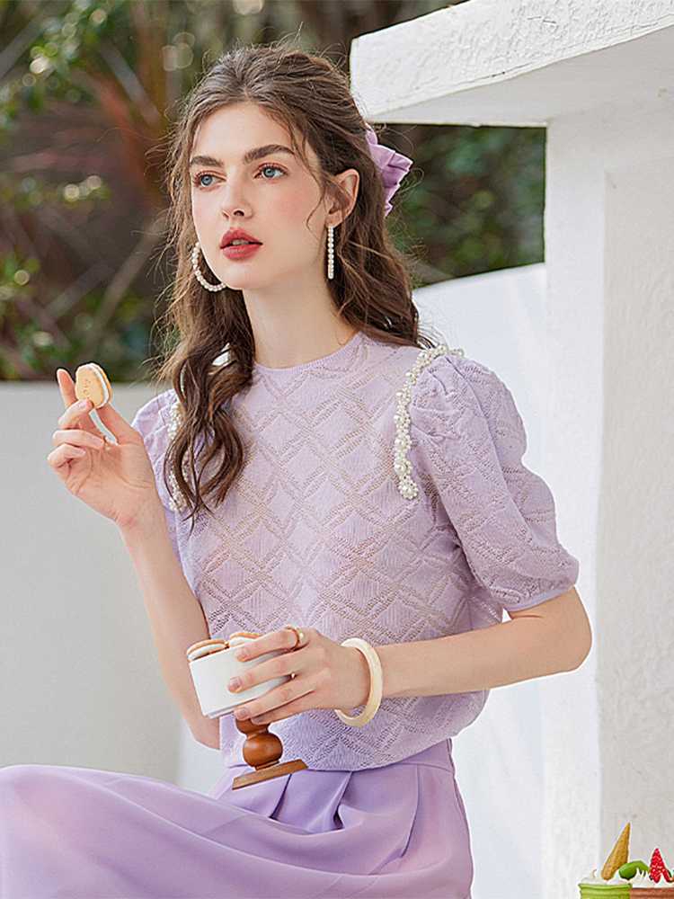 カットソー 真珠飾り付き菱格子レース半袖