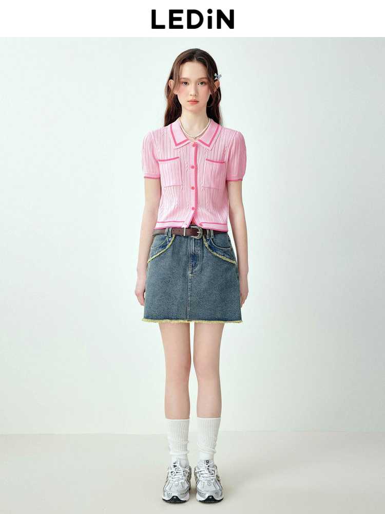 カットソー 縄編み風襟付きポケットカットソー