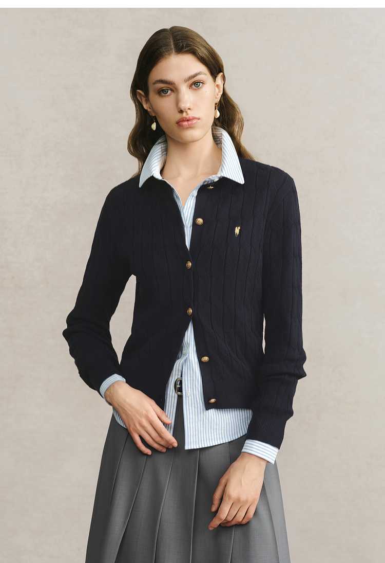 カットソー 縄編み模様のノーカラーカーディガン