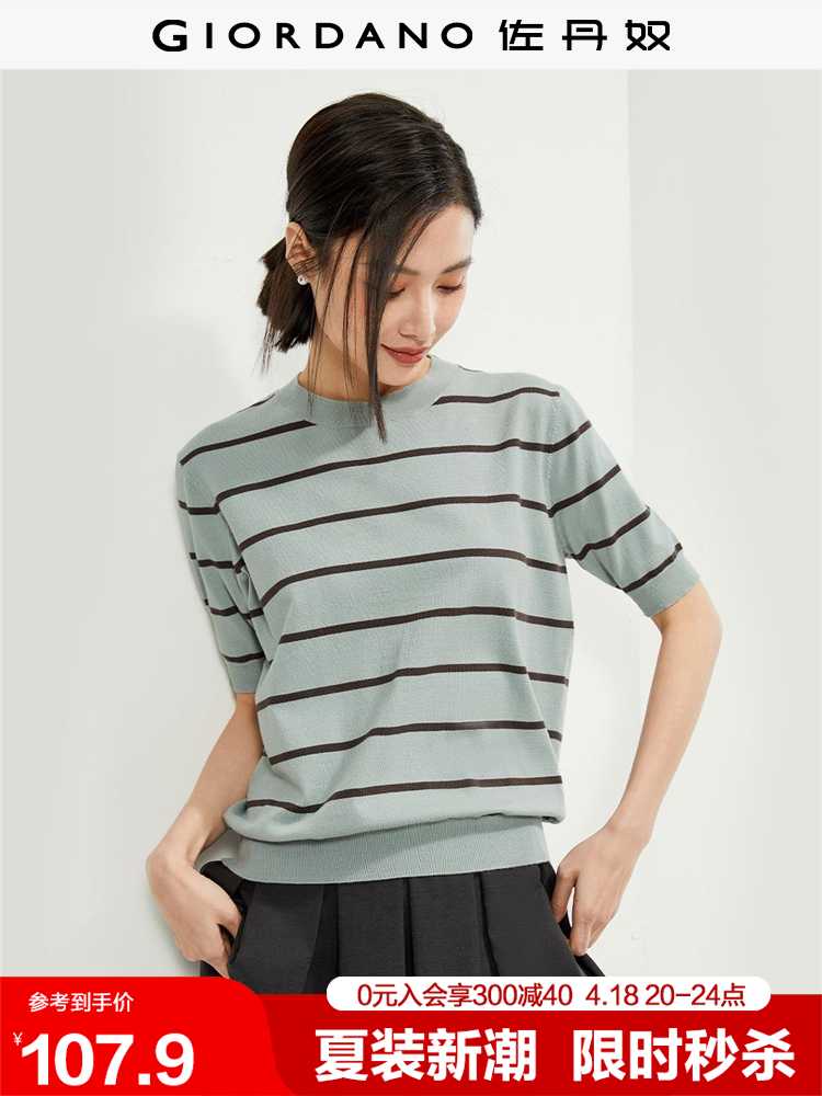 カットソー 立体感のあるボーダー半袖ニットトップス