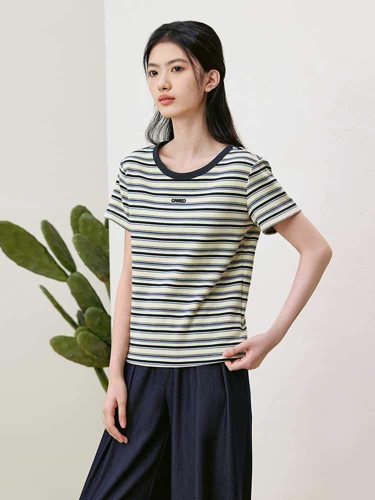 カットソー 柔らか素材 リブ縁取り ボーダー半袖