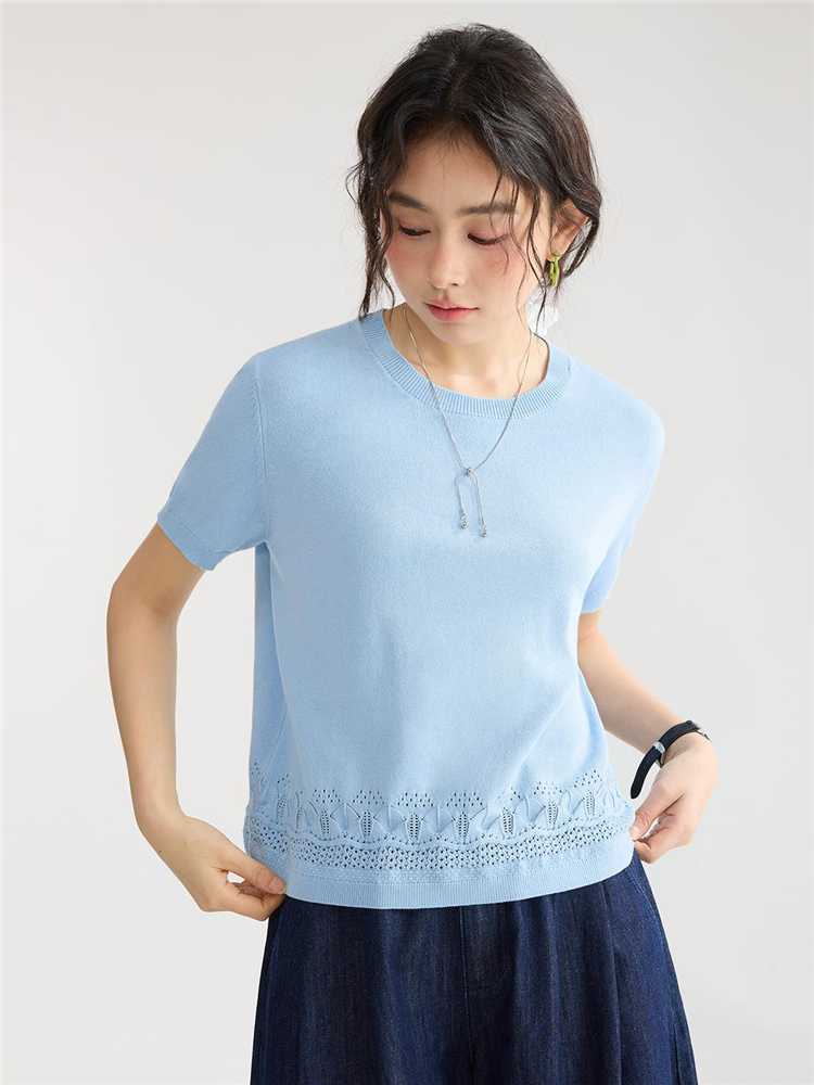 カットソー 裾レース透かし編みニット半袖