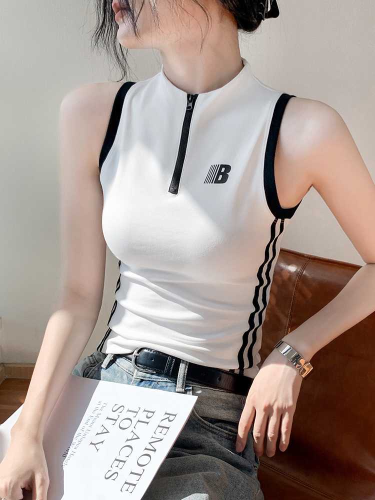 カットソー スタンドカラーファスナー半袖トップス