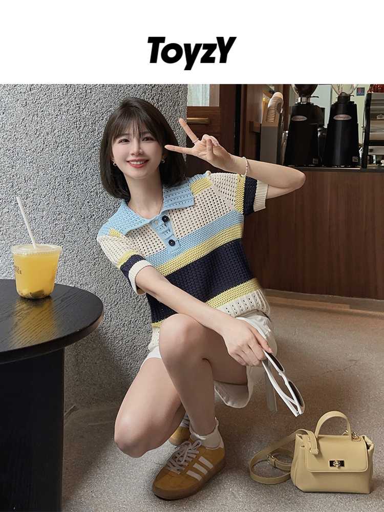 カットソー ボーダーメッシュニット半袖ポロ