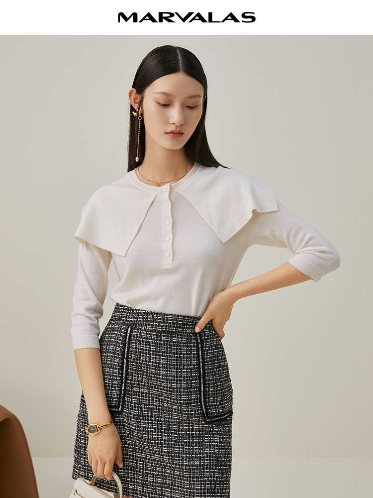 カットソー 優雅な襟デザイン七分袖カットソー