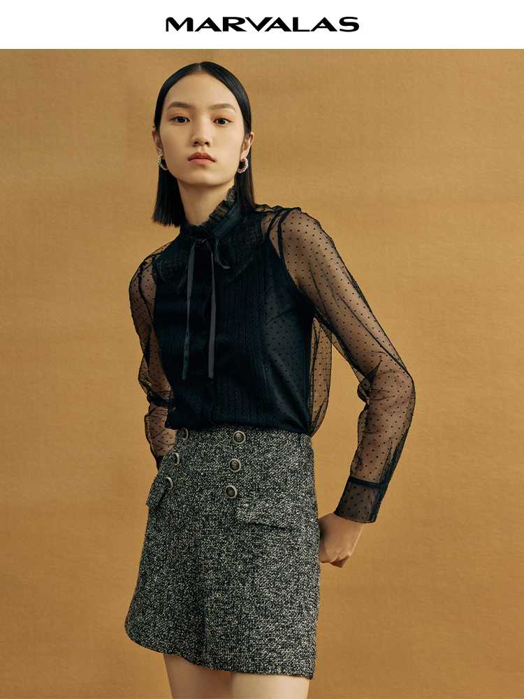 カットソー シアー水玉リボン付き長袖ブラウス