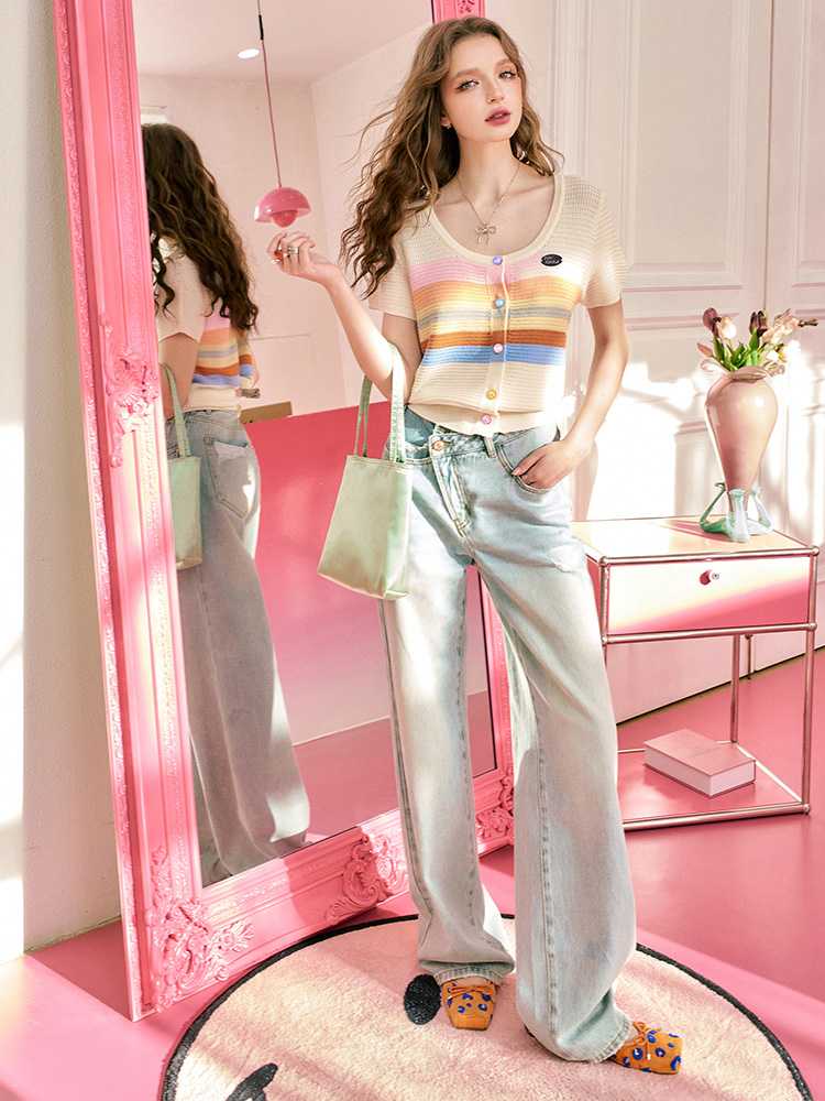 カットソー 虹色ボーダー短丈ニットカットソー