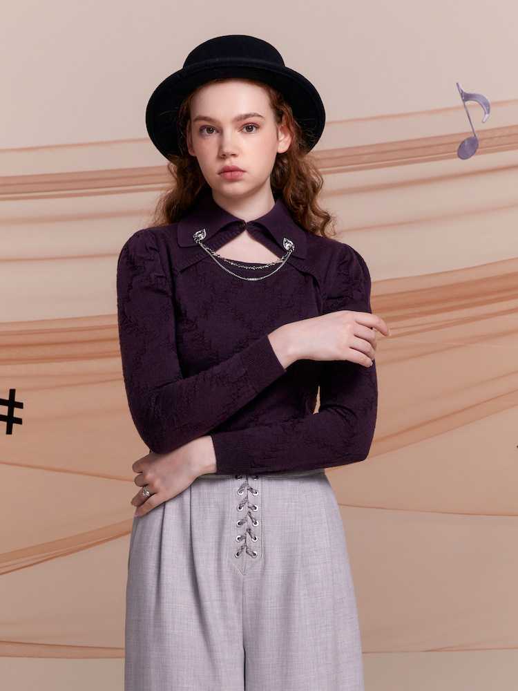 カットソー 胸元チェーン付きレトロカットソー