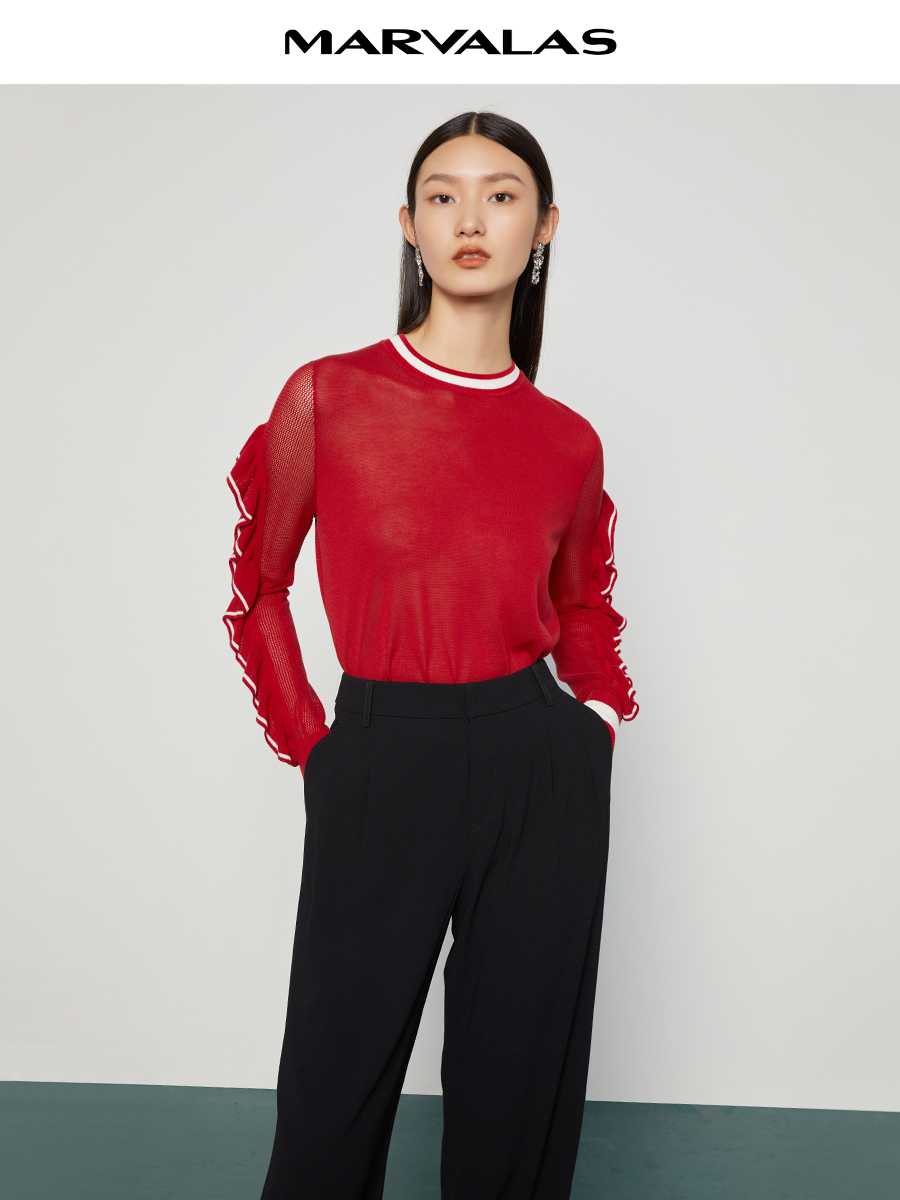 カットソー フリルライン メッシュ長袖カットソー