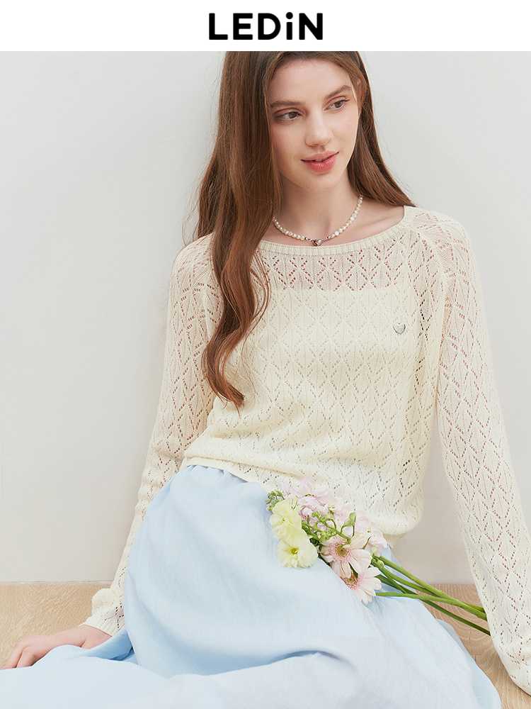 カットソー 透かし編み菱模様カットソー