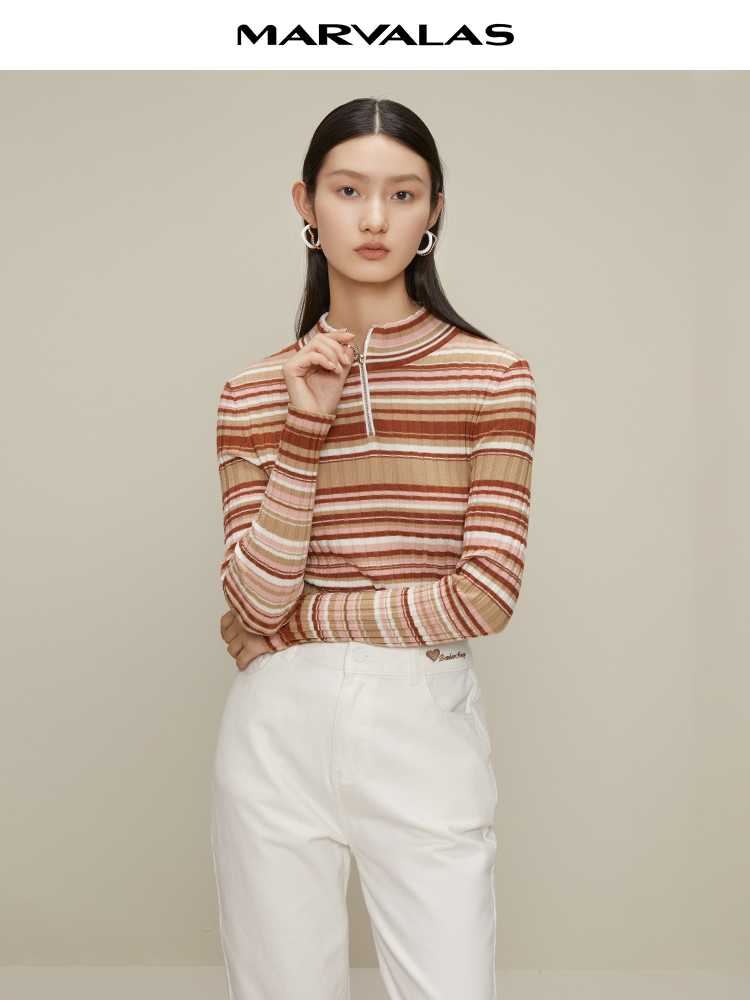 カットソー ジップアップボーダーリブカットソー