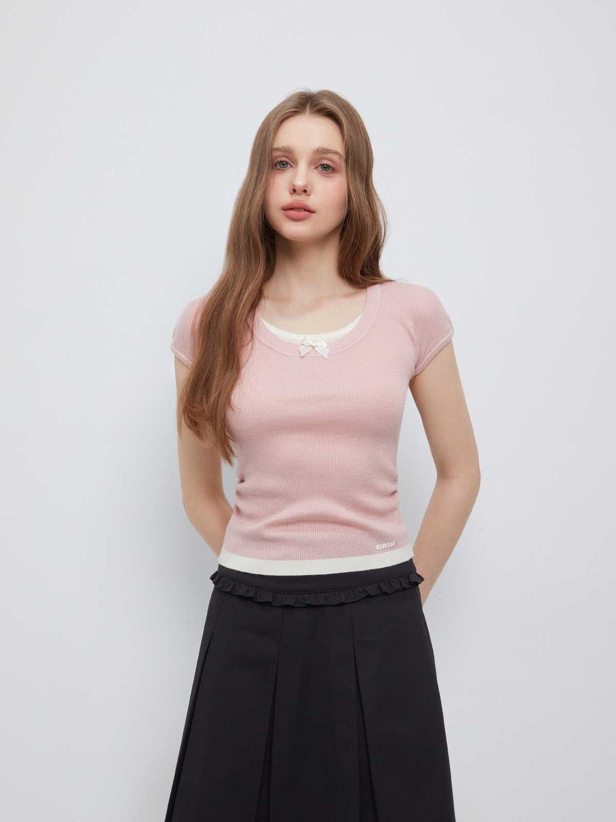 カットソー リボン付きフィット半袖カットソー