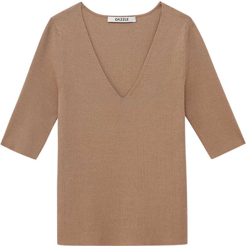 カットソー リブ編み深めVネックカットソー