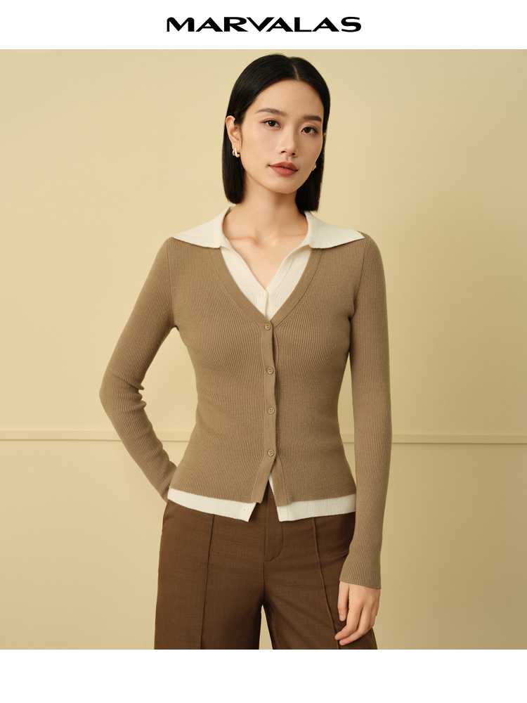 カットソー 重ね着風リブニットカーディガン