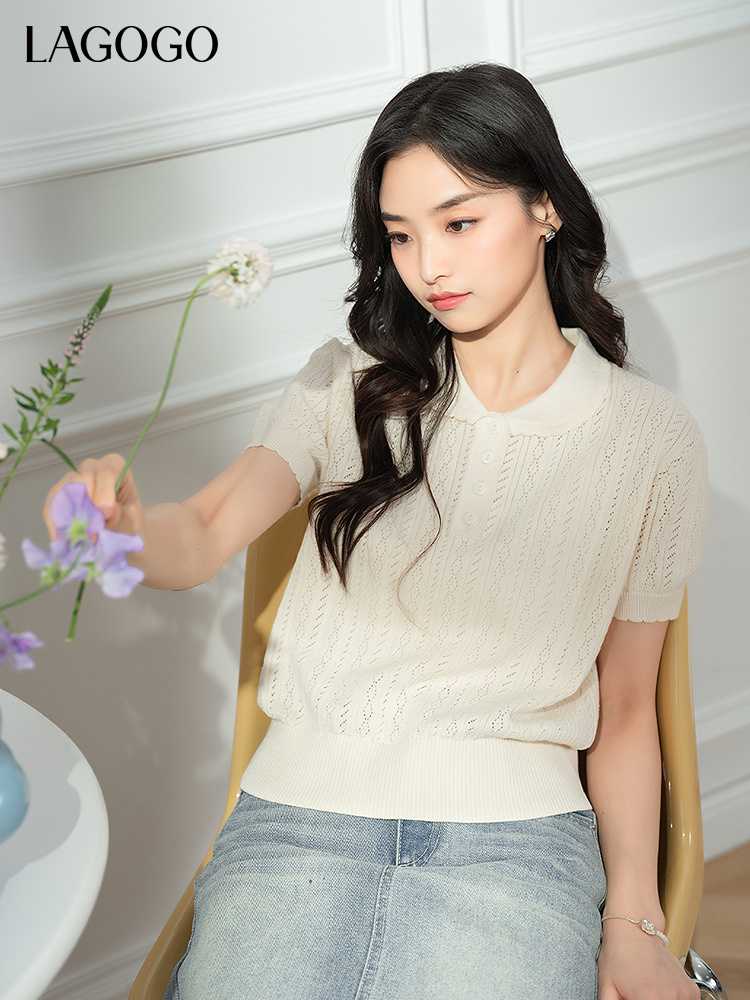 カットソー 丸襟透かし編み半袖ニットプルオーバー