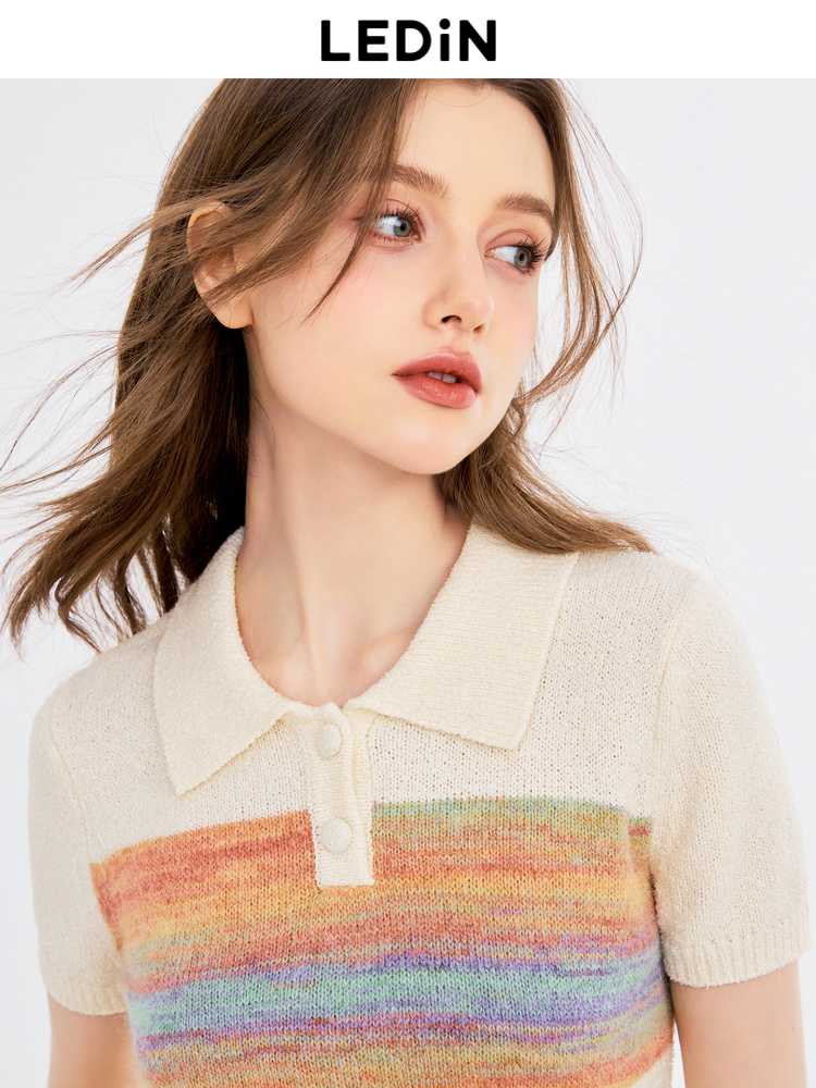 カットソー 虹色ボーダー襟付きニットカットソー