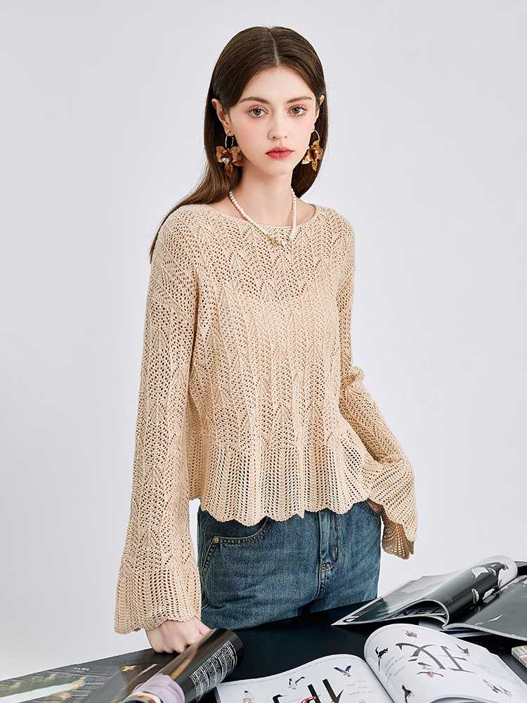 カットソー 透かし編みボートネックカットソー