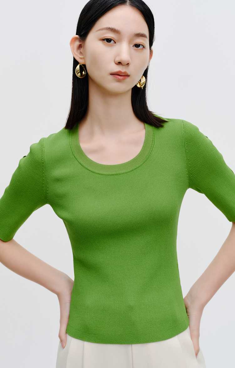 カットソー リブ編み丸首フィット半袖