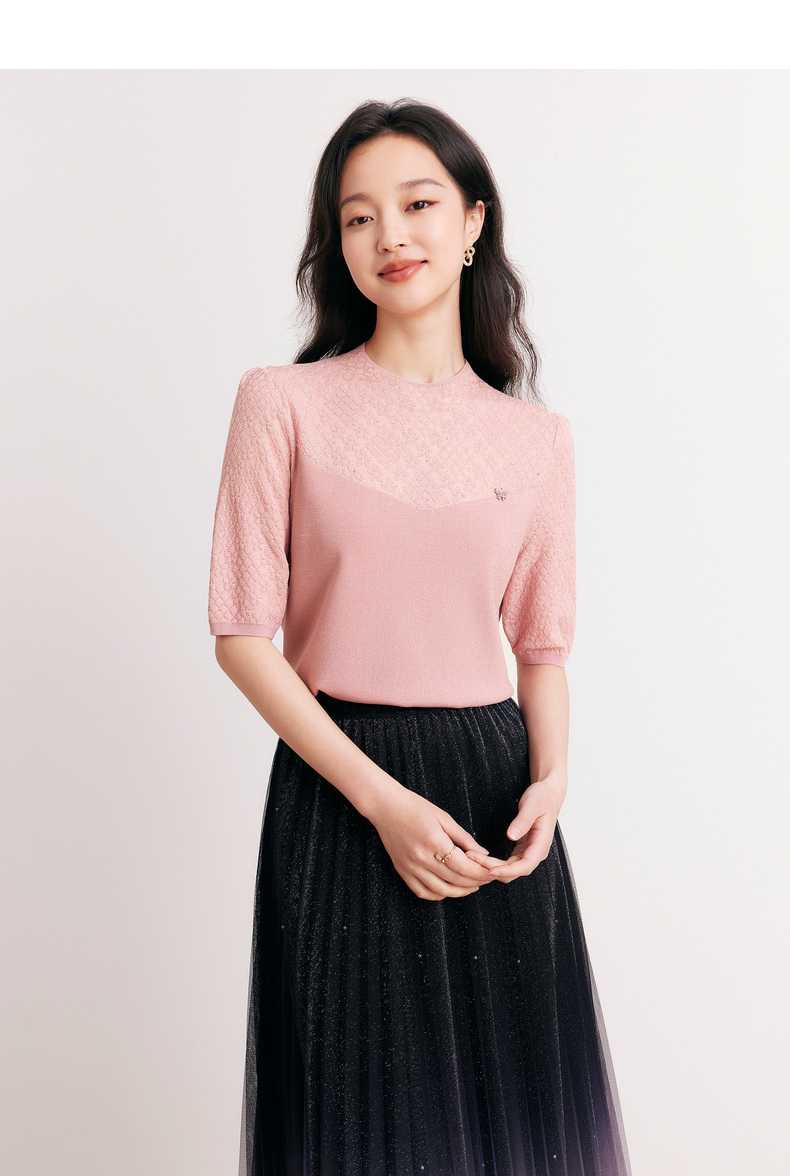 カットソー キルティング模様の上品半袖トップス