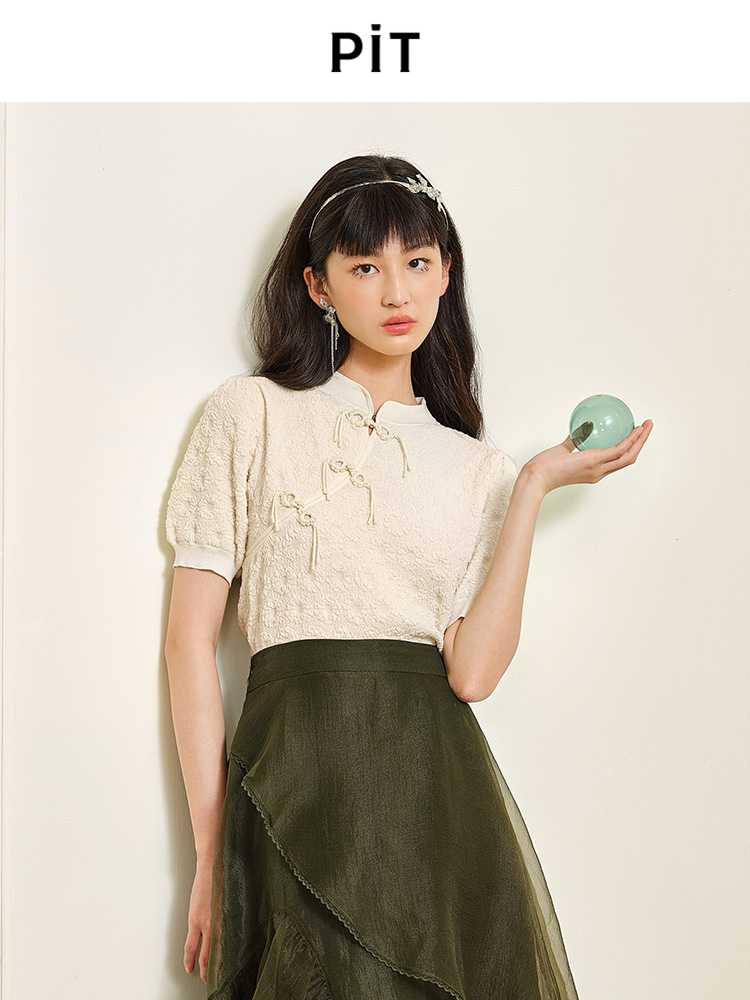 カットソー チャイナテイスト刺繍半袖カットソー