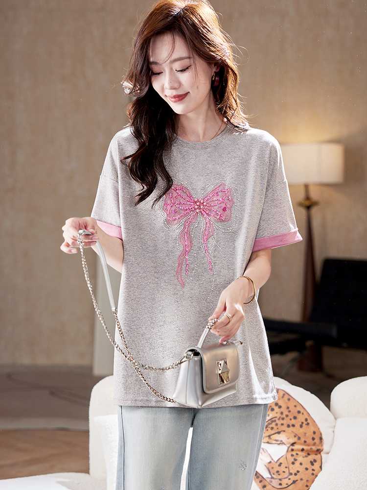 カットソー リボン刺繍ゆったり半袖カットソー