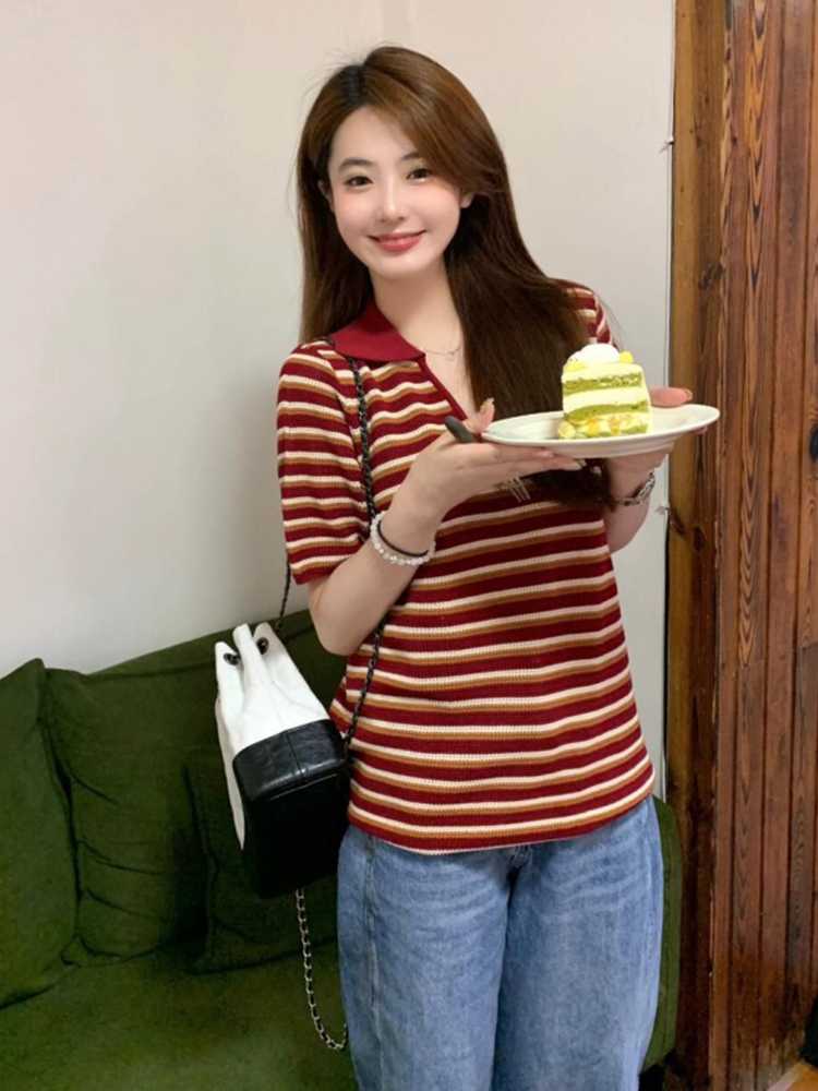 カットソー レトロボーダー襟付きVネック