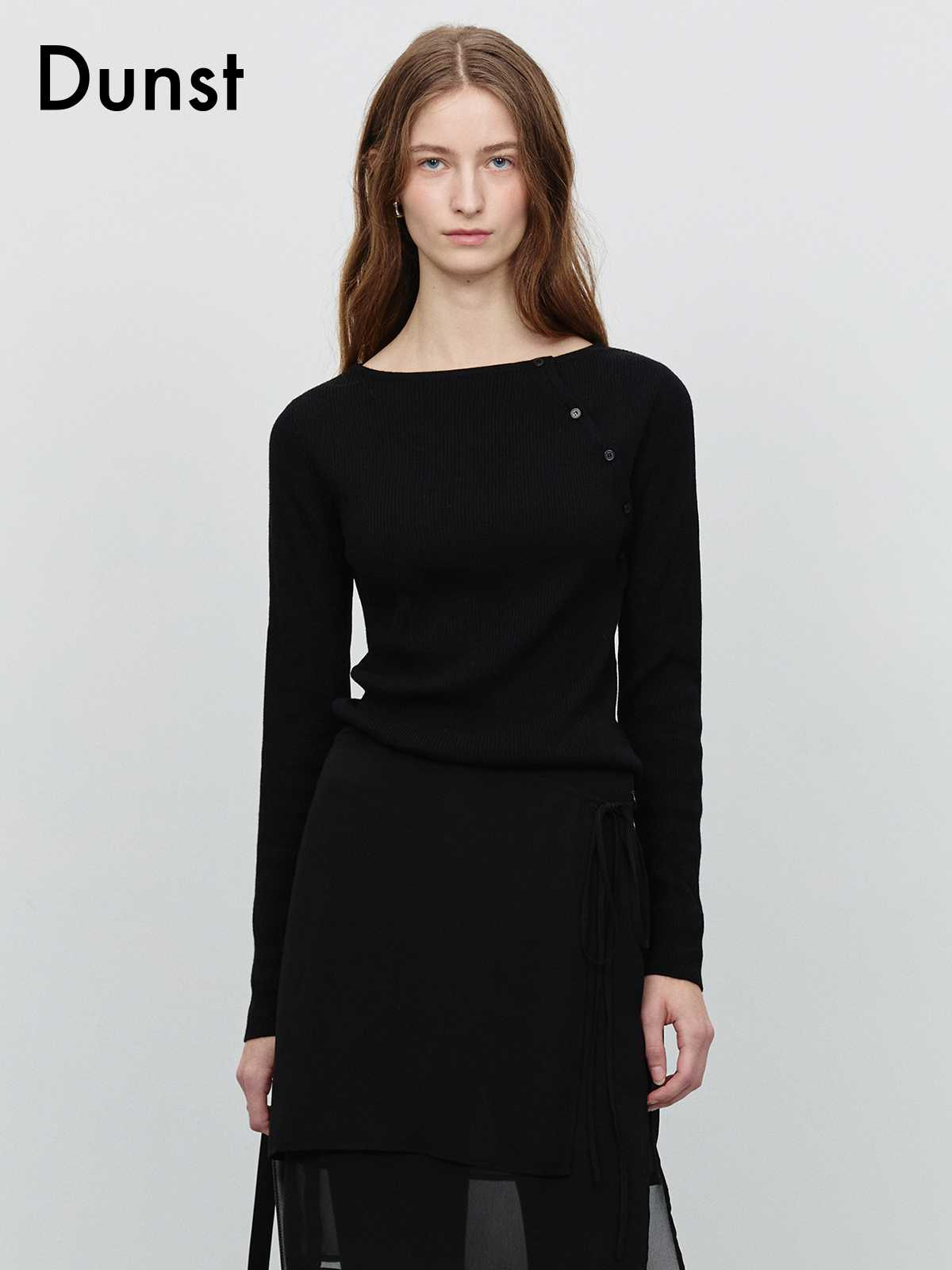 カットソー 上品リブボートネック長袖カットソー