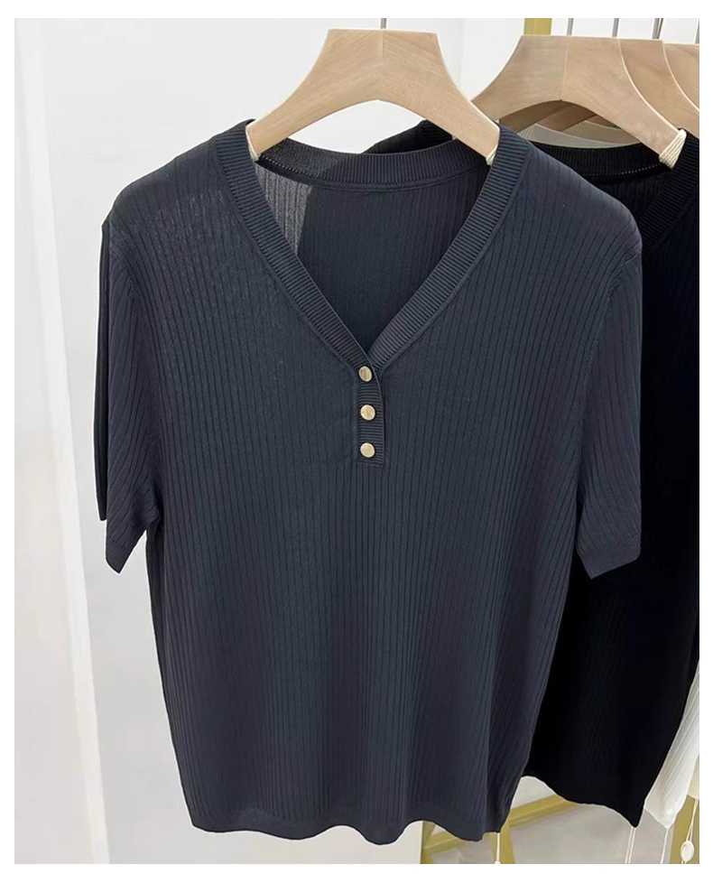 カットソー リブ編み スリーボタン Vネック