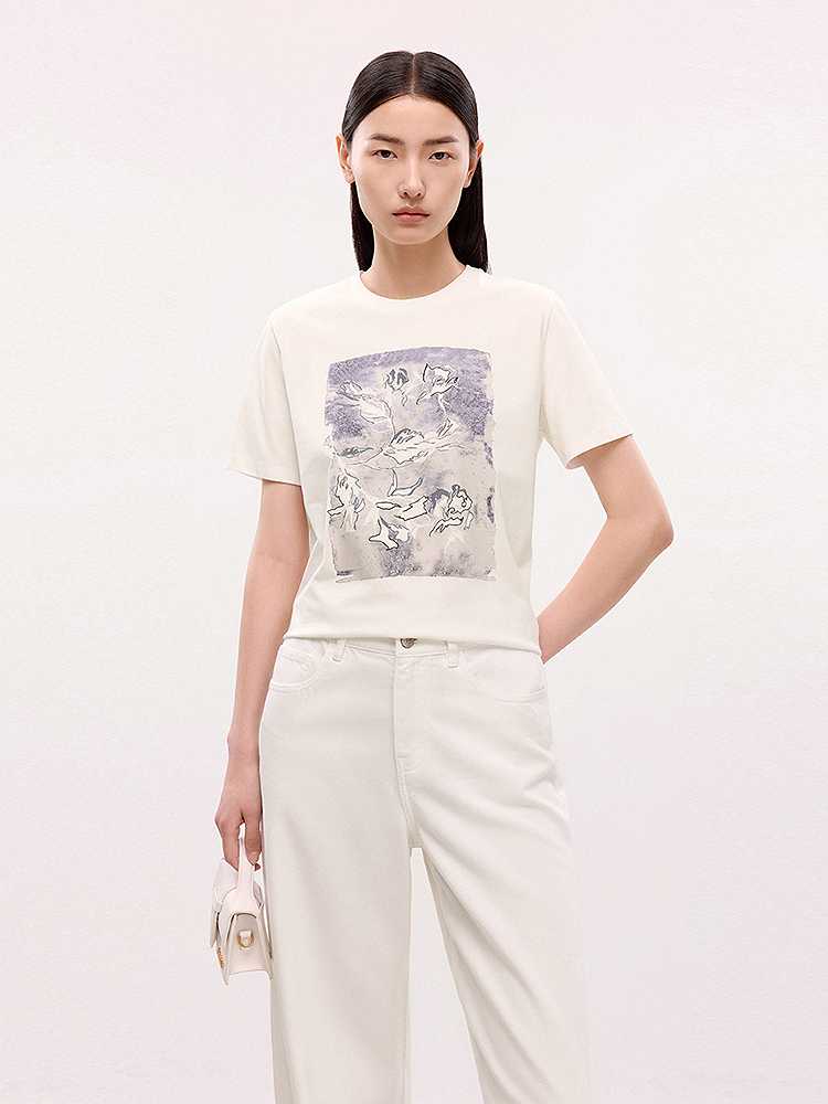 カットソー 芸術的水彩画プリント半袖