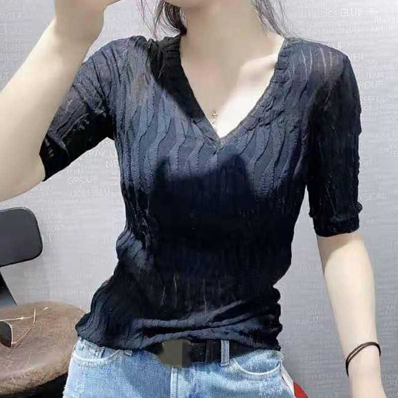 カットソー 波柄デザイン 上質Vネックカットソー