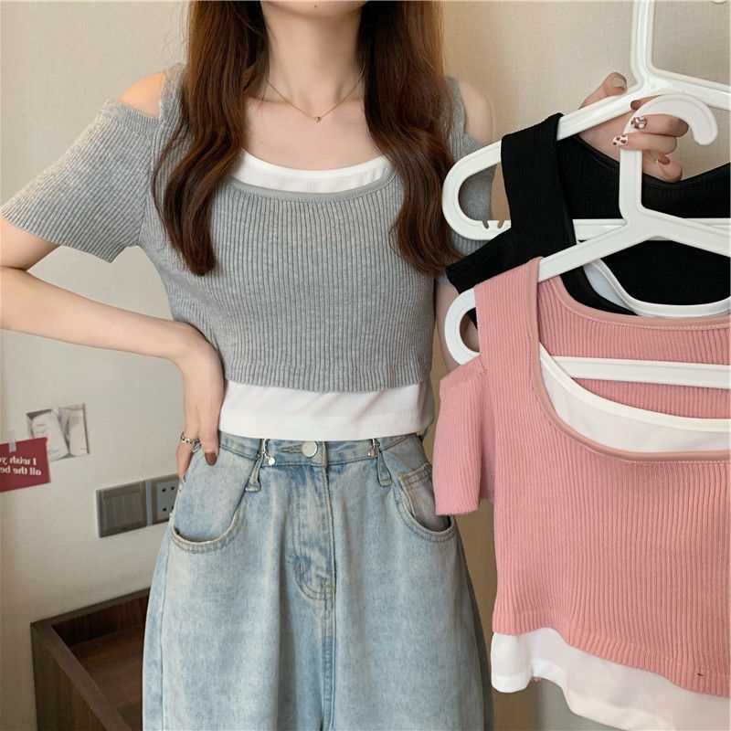 カットソー 肩開き重ね着風リブカットソー