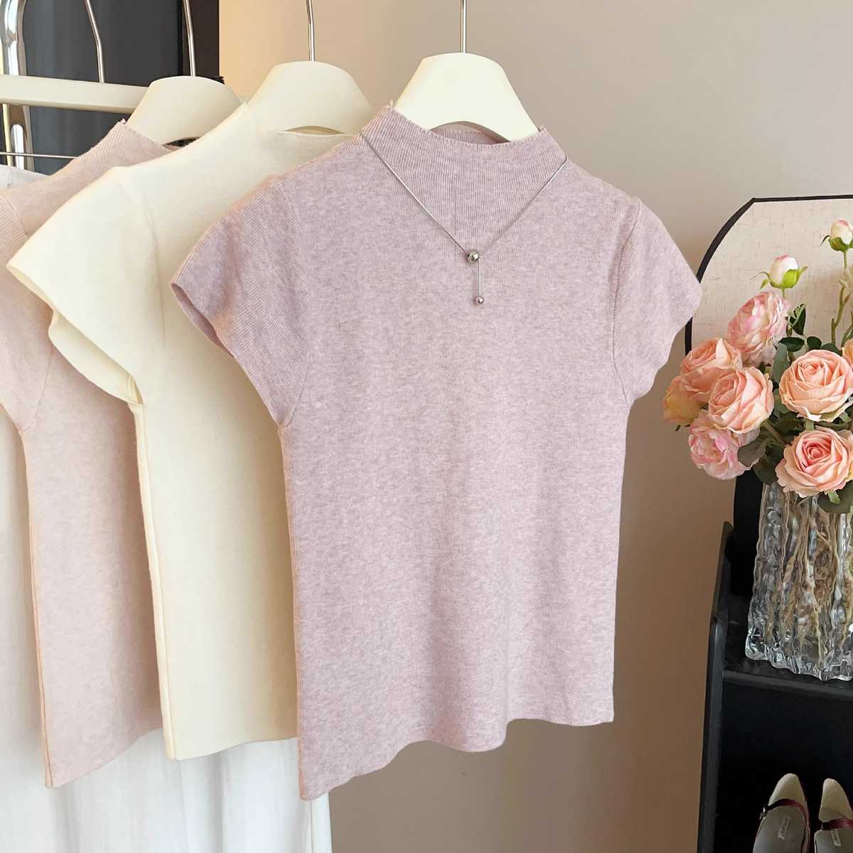 カットソー 優しい肌触り ハイネック半袖カットソー