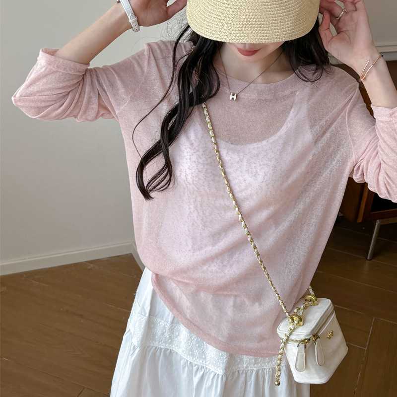 カットソー 透け感シアー素材長袖カットソー