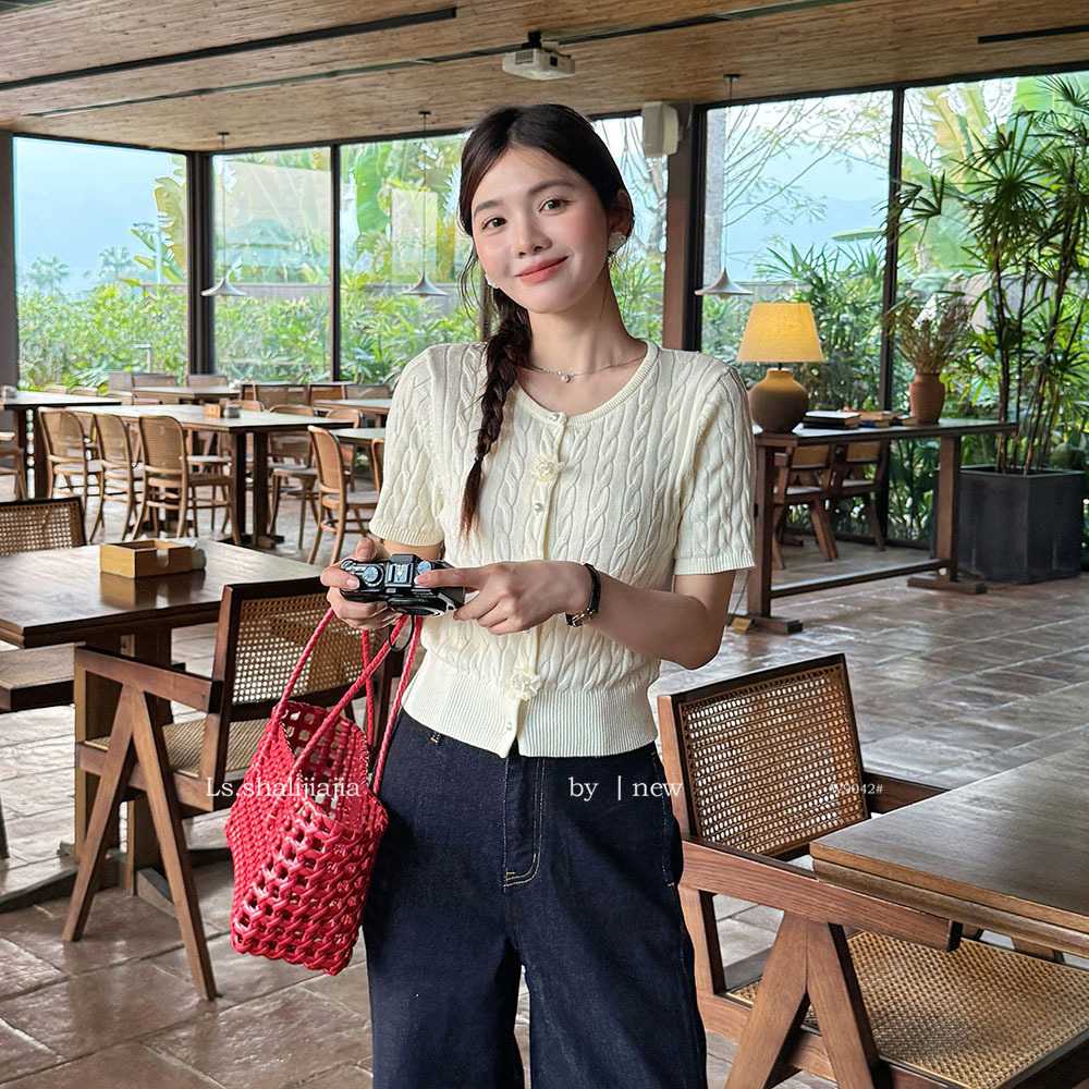 カットソー 縄編み模様の前開きカットソー