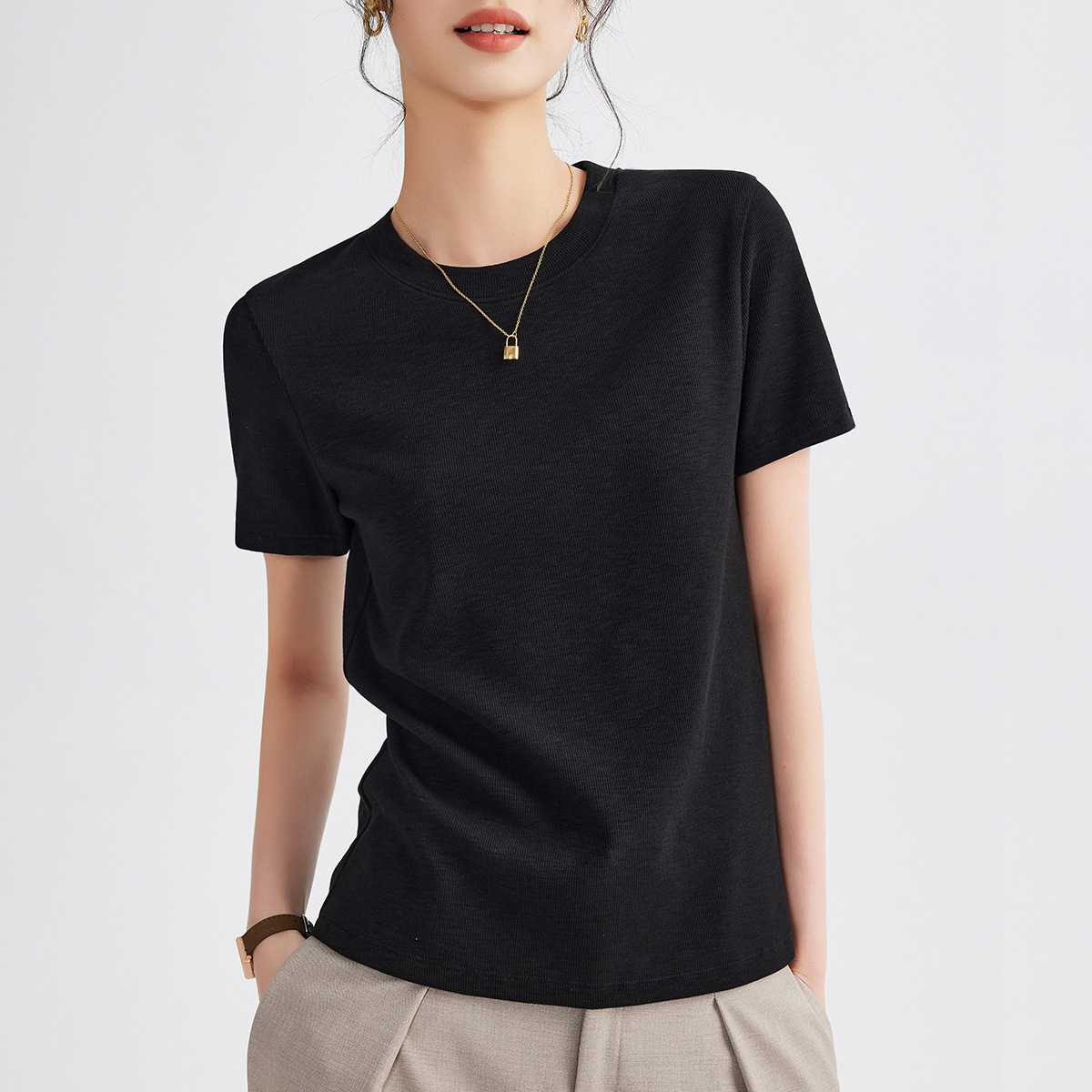 カットソー すっきりシルエット リブ編み半袖