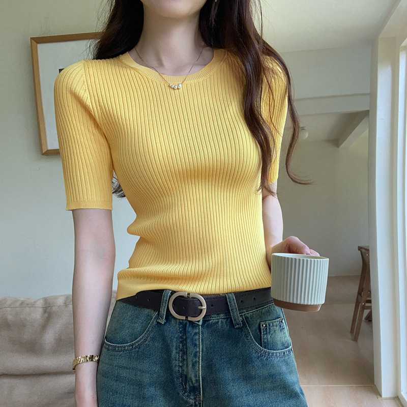 カットソー すっきり細リブ半袖ニット