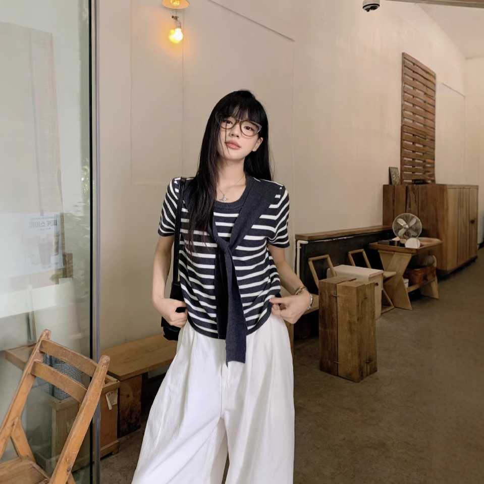 カットソー リボン付きボーダーカットソー