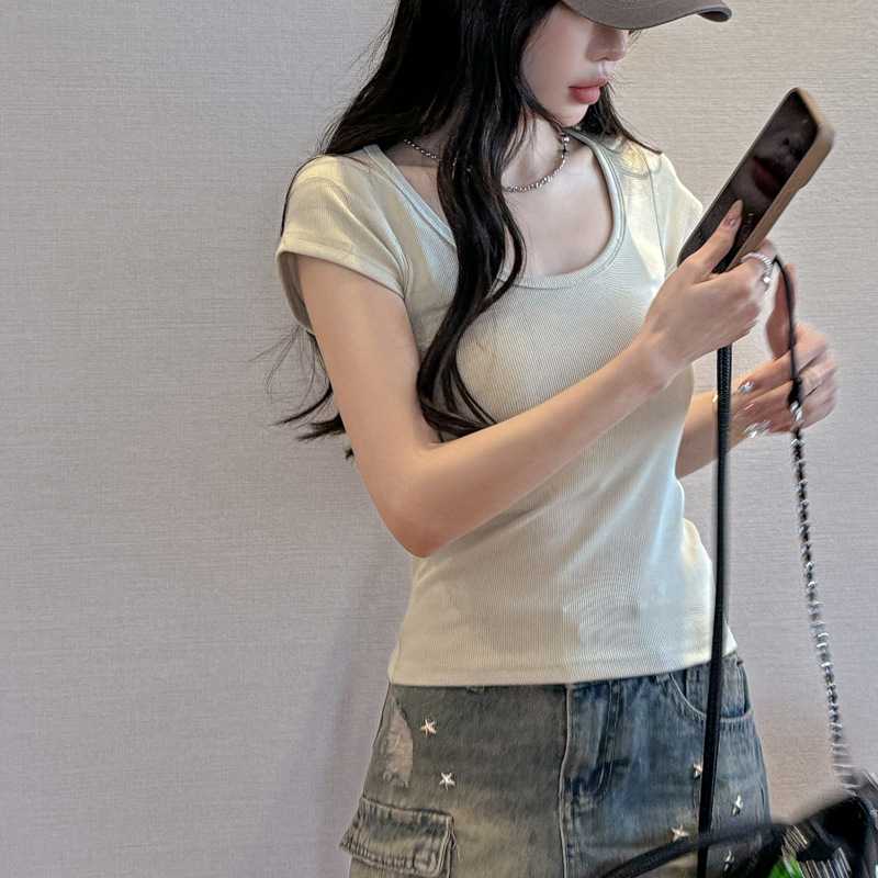 カットソー すっきりリブ素材Uネック半袖