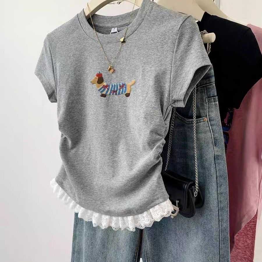 カットソー 愛犬刺繍レース裾カットソー