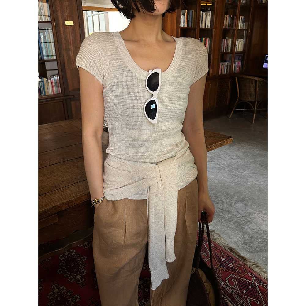 カットソー なめらか素材リボン結び半袖カットソー