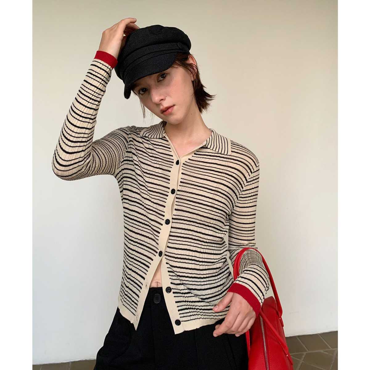 カットソー ボーダー柄ニットカーディガン