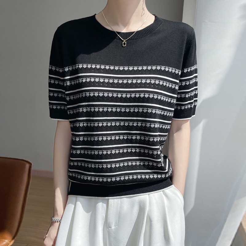 カットソー 小花模様ボーダーニットカットソー