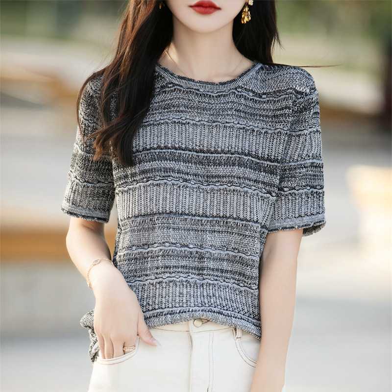 カットソー 模様編み込み半袖ニットカットソー